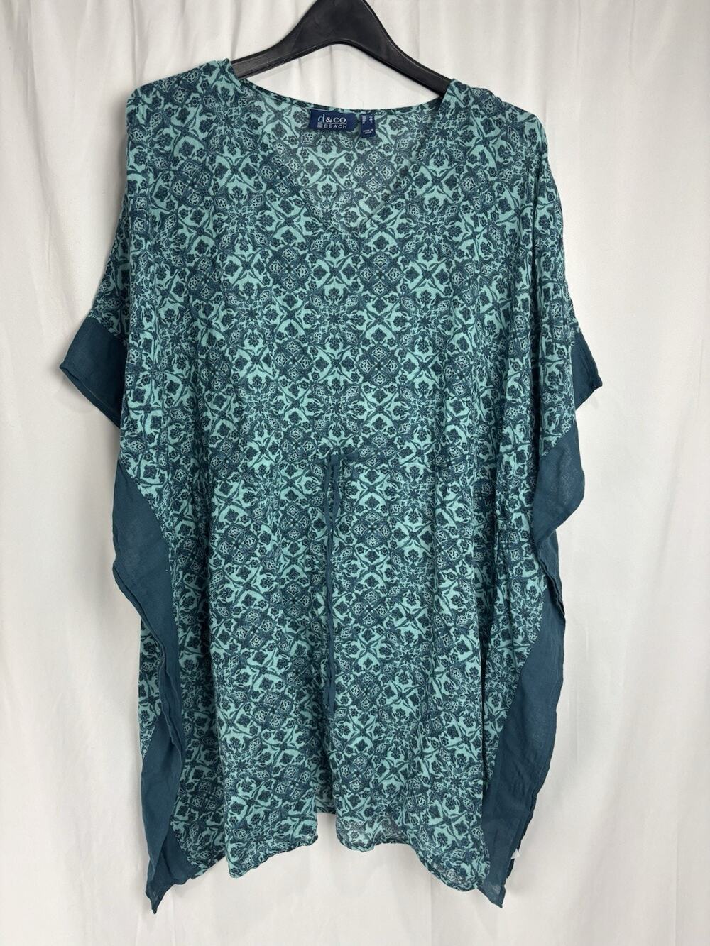 Denim & Co. Beach Printed Caftan Cover-Up Cinched Waist Teal Size M Beach Resort